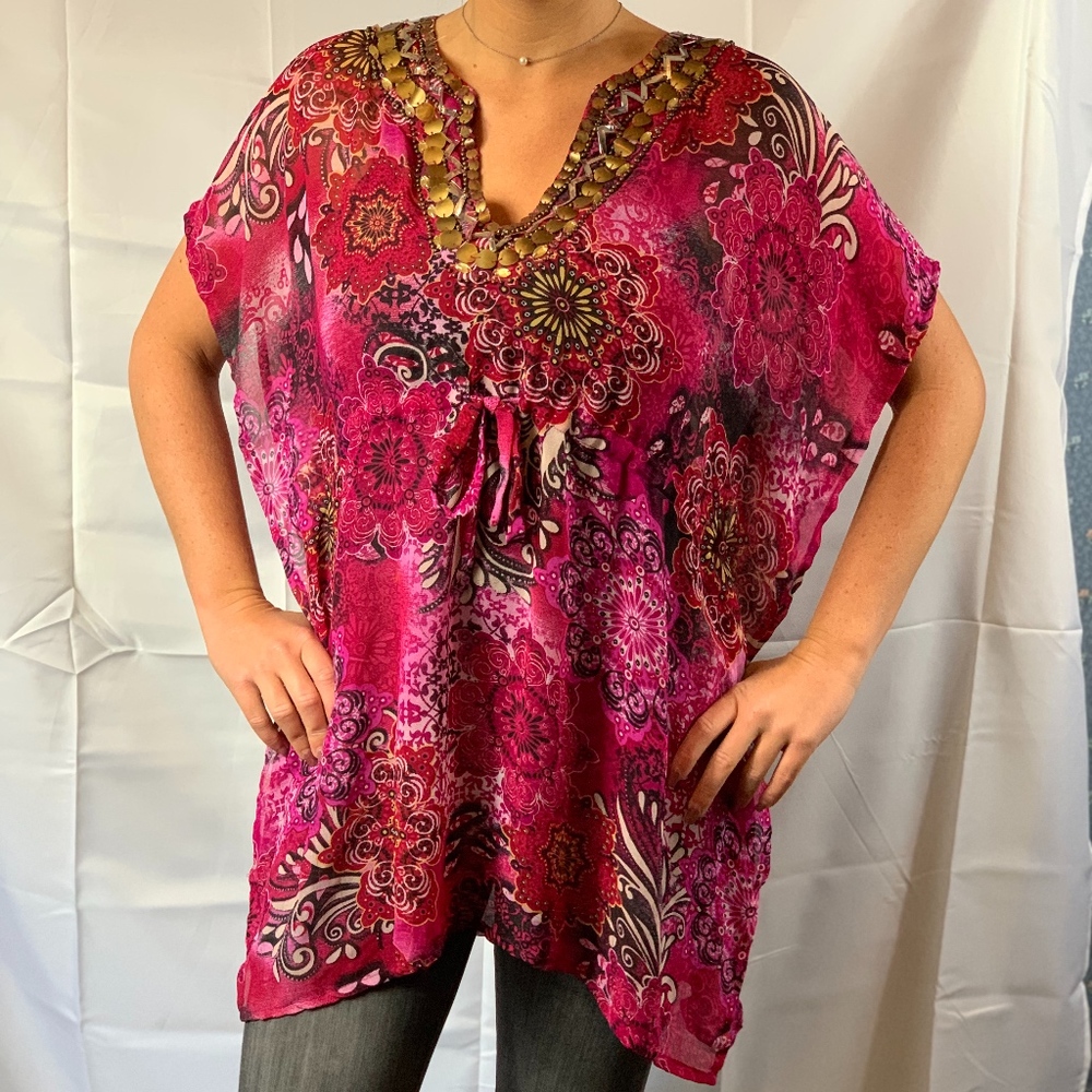 Raviya Sheer Pink Boho Shirt Split Sides